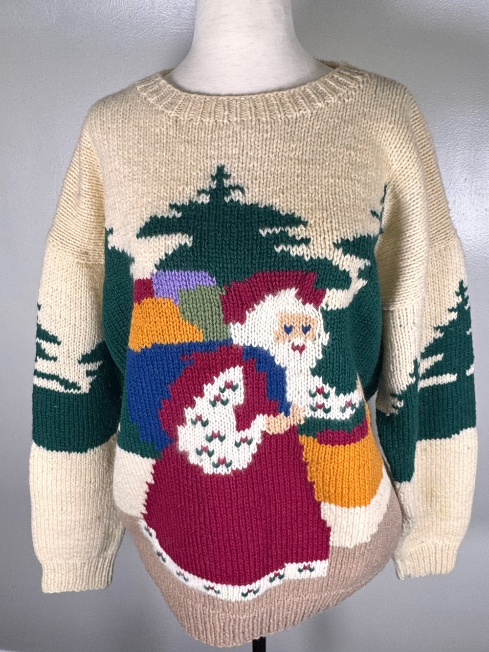 Susan Bristol Hand Knit Santa Fair Isle Vintage 80s Wool Christmas Sweater Sz 40